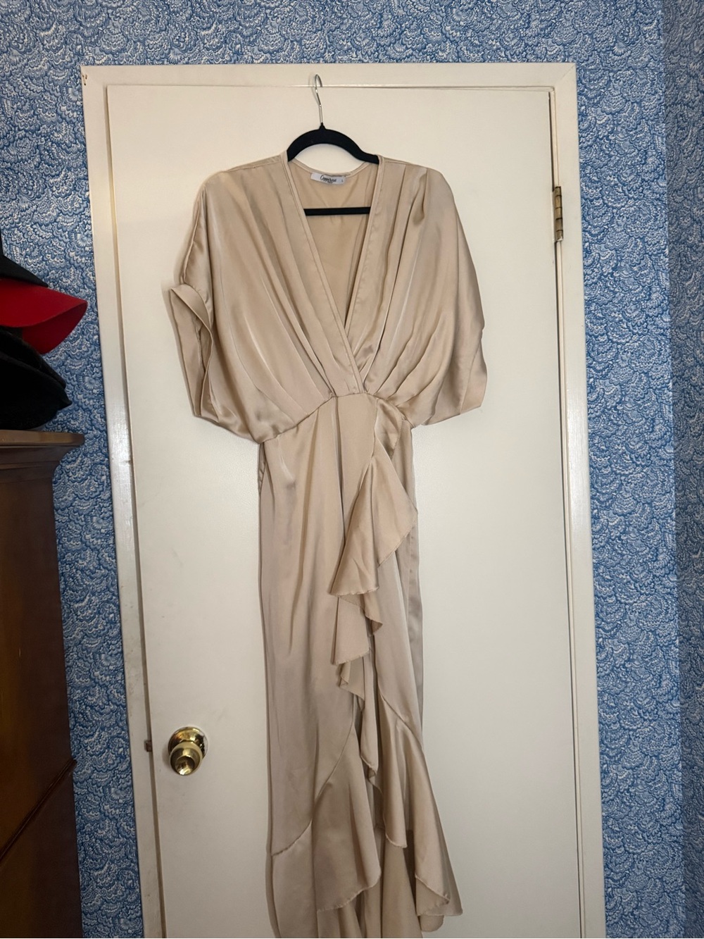 Cream Satin Wrap-Style Ruffle Maxi Dress